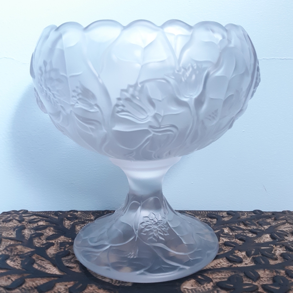 Fenton Satin Glass Water Lily Pedestal Compote Floral Candy Chalice Cup Bowl